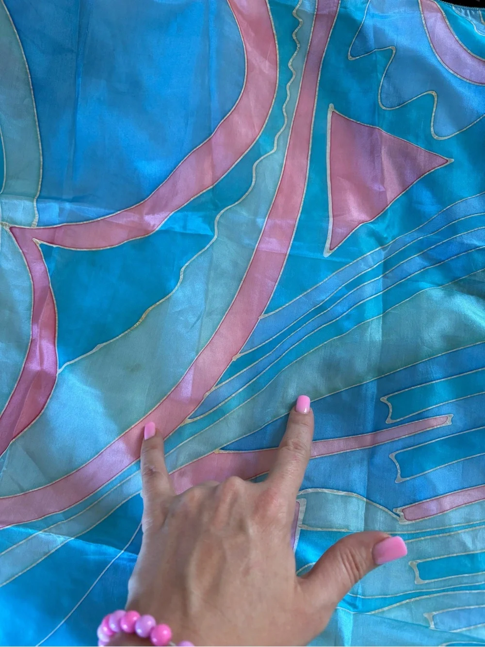 Jane Hall Blue Pink Marble Swirl Wave Abstract 6P‎ Pongee Silk Scarf Fluid Art